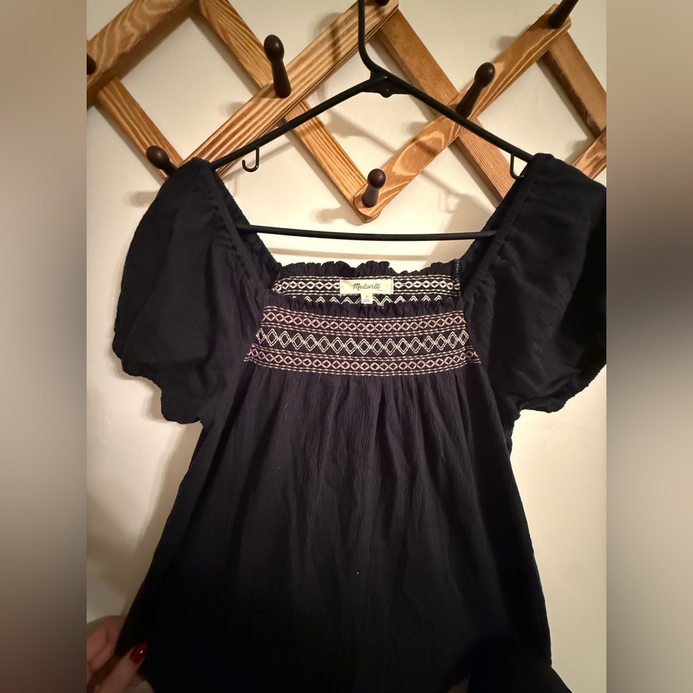 Madewell Black Blouse with Pink Embroidery